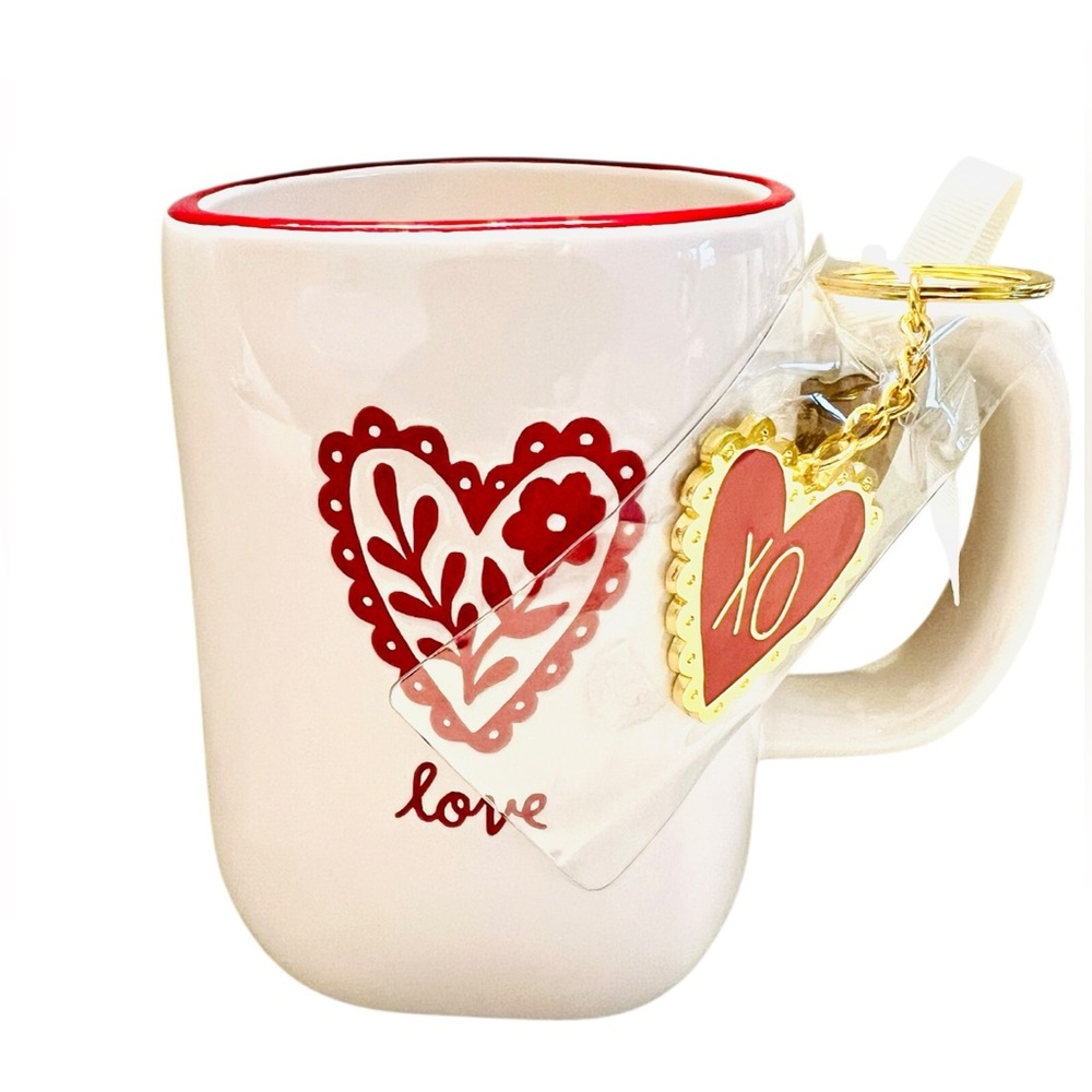Rae Dunn “LOVE” Heart, Flowers & Lace Mug with Keychain